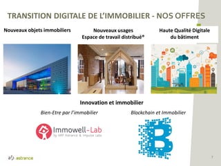 TRANSITION DIGITALE DE L’IMMOBILIER - NOS OFFRES
7
Blockchain et Immobilier
Innovation et immobilier
Bien-Etre par l’immobilier
Nouveaux usages
Espace de travail distribué®
Haute Qualité Digitale
du bâtiment
Nouveaux objets immobiliers
 