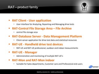 RAT - product family RAT Client ‐ User application User interface for Analyzing, Reporting and Managing drive tests RAT‐Central File Storage Area – File Archive central file storage area RAT‐Database Server ‐ Data Management Platform Client-server application for drive test data and statistical recourses RAT‐UE ‐ Handheld drive test devices RAT-UE and RAT-UE professional, outdoor and indoor measurements RAT‐UE ‐ Manager Administration and monitoring of multiple RAT-UE’s RAT‐Mon and  RAT‐Mon indoor Suitable for Sales departments, Customer care and Professional end-users 