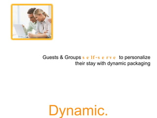 Dynamic. Guests & Groups  self-serve  to personalize their stay with dynamic packaging 