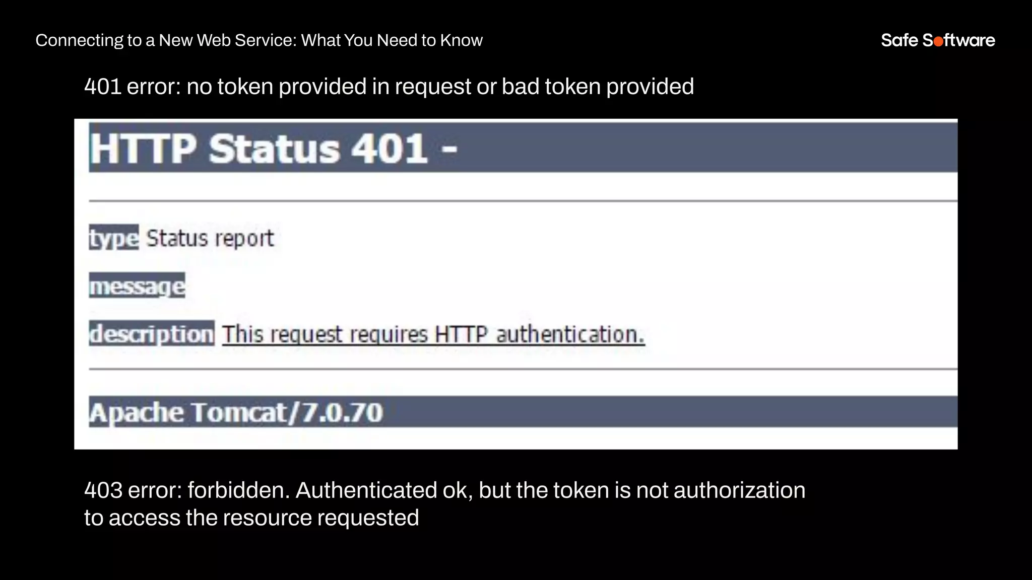 Connecting to a New Web Service: What You Need to Know
401 error: no token provided in request or bad token provided
403 error: forbidden. Authenticated ok, but the token is not authorization
to access the resource requested
 