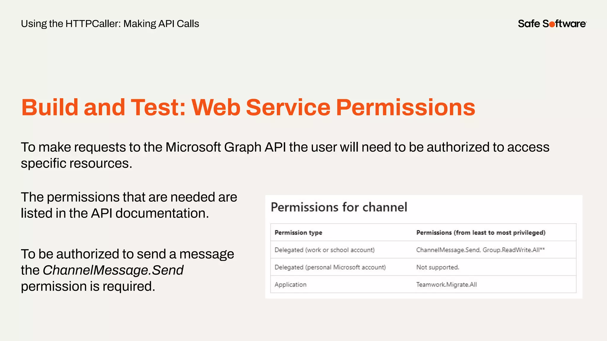 Build and Test: Web Service Permissions
To make requests to the Microsoft Graph API the user will need to be authorized to access
speciﬁc resources.
Using the HTTPCaller: Making API Calls
The permissions that are needed are
listed in the API documentation.
To be authorized to send a message
the ChannelMessage.Send
permission is required.
 