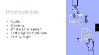 Chrome Dev Tool
● Audits
● Elements
● What are the results?
● Test it against Apple.com
● Tota11y Plugin
14
 