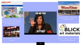 28
June 13, 2017 - Make your
site accessible!
June 15, 2017 - Refused to
let go of a battle on behalf
of a blind customer.
July 21, 2017 - Took them
to court!
August 1, flaming court case in
favour of compliance.
 