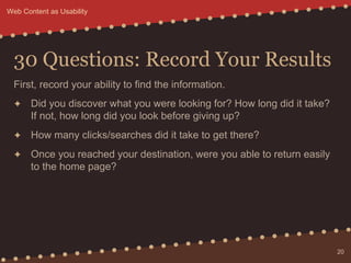 30 Questions: Record Your Results
First, record your ability to find the information.
✦ Did you discover what you were loo...