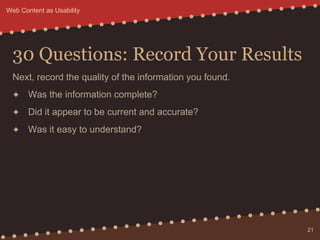 30 Questions: Record Your Results
Next, record the quality of the information you found.
✦ Was the information complete?
✦...
