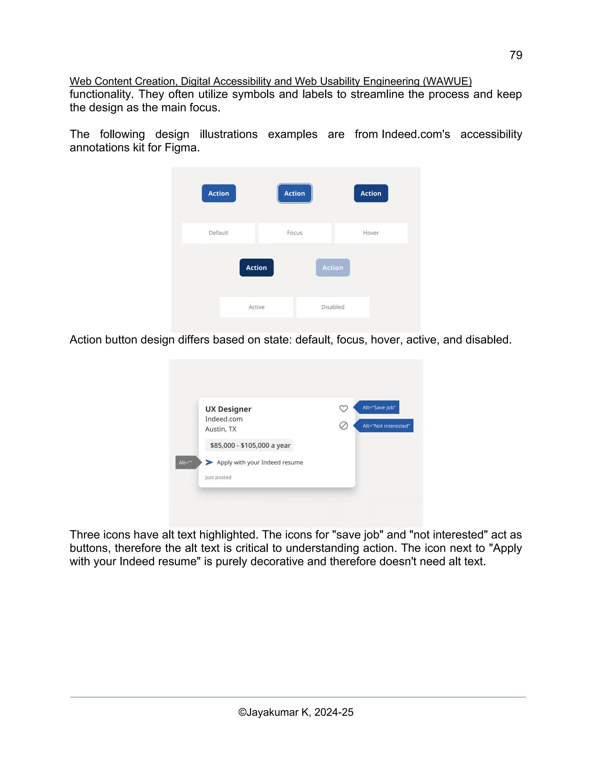 79
Web Content Creation, Digital Accessibility and Web Usability Engineering (WAWUE)
©Jayakumar K, 2024-25
functionality. They often utilize symbols and labels to streamline the process and keep
the design as the main focus.
The following design illustrations examples are from Indeed.com's accessibility
annotations kit for Figma.
Action button design differs based on state: default, focus, hover, active, and disabled.
Three icons have alt text highlighted. The icons for "save job" and "not interested" act as
buttons, therefore the alt text is critical to understanding action. The icon next to "Apply
with your Indeed resume" is purely decorative and therefore doesn't need alt text.
 