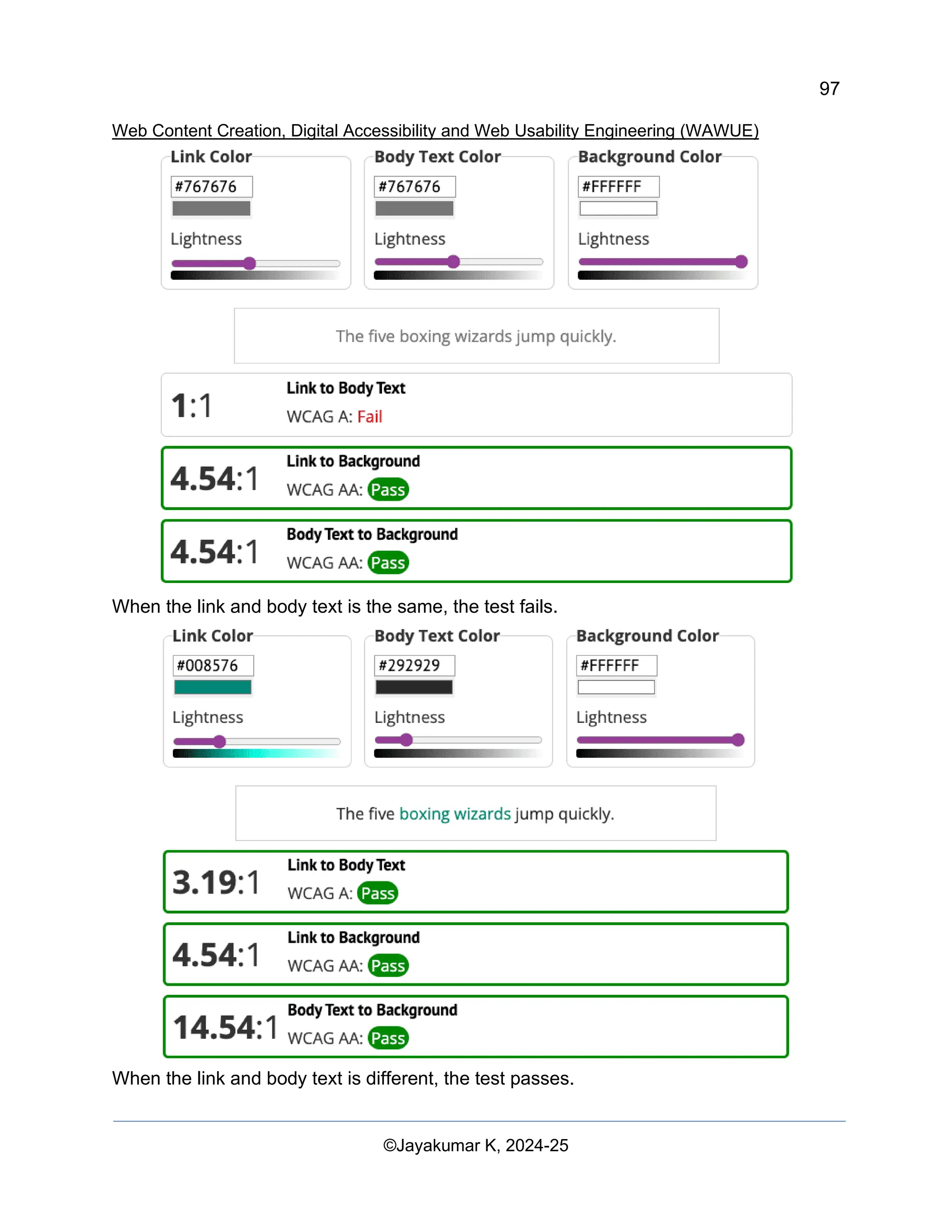 97
Web Content Creation, Digital Accessibility and Web Usability Engineering (WAWUE)
©Jayakumar K, 2024-25
When the link and body text is the same, the test fails.
When the link and body text is different, the test passes.
 