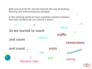 With arrival of the PC and the Internet the way of working,
learning and entertaining has changed.
visits
clicks
likes
So we started to count
and count
and count ...
ROI
conversions
rating
In this shaking world we have somehow started to believe
that with numbers we can control it better.
89%
3%
23
54
15
traffic
bounce rate
 
