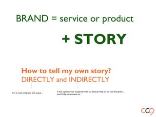 BRAND = service or product
+ STORY
How to tell my own story?
DIRECTLY and INDIRECTLY
I’m so cool and green and unique ...
It was a pleasure to cooperate with xx, because they are so cool and green ...
And I fully recommend xx!
 