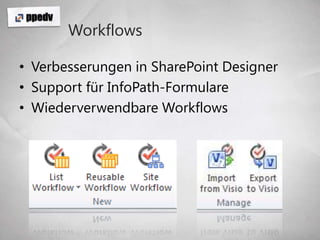 WorkflowsVerbesserungen in SharePoint DesignerSupport für InfoPath-FormulareWiederverwendbare Workflows