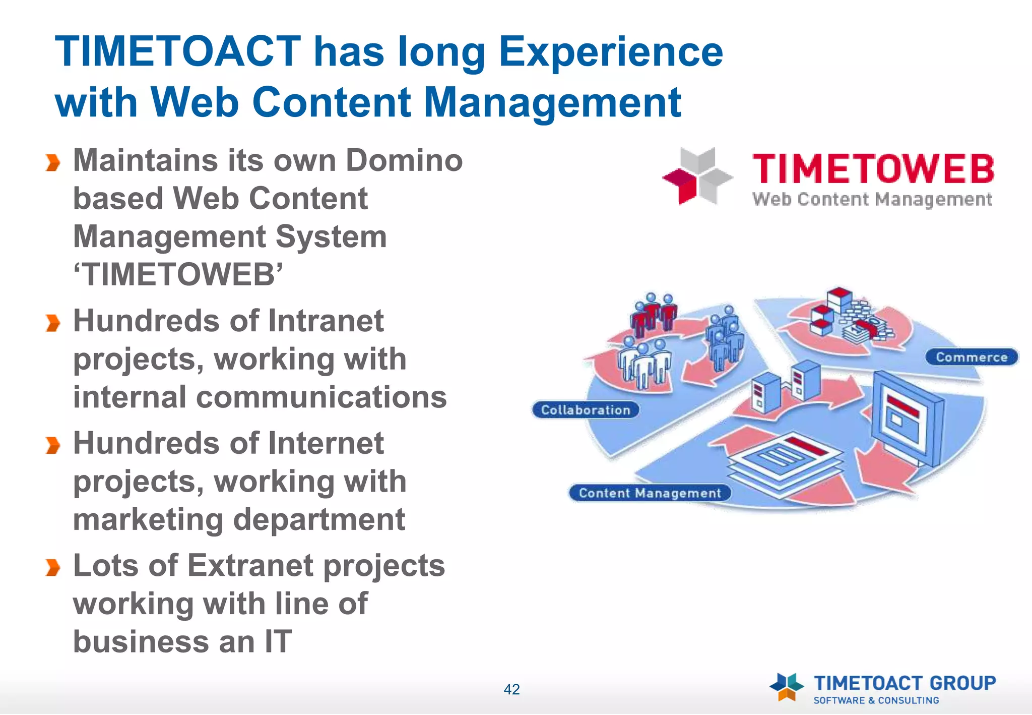 TIMETOACT has long Experience
with Web Content Management
Maintains its own Domino
based Web Content
Management System
‘TIMETOWEB’
Hundreds of Intranet
projects, working with
internal communications
Hundreds of Internet
projects, working with
marketing department
Lots of Extranet projects
working with line of
business an IT
                            42
 