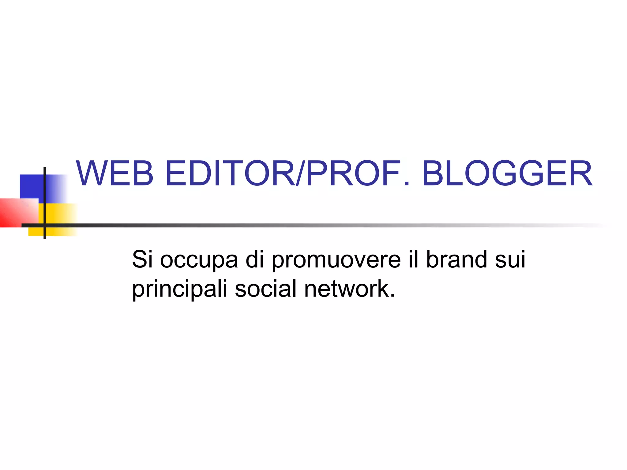 WEB EDITOR/PROF. BLOGGER
Si occupa di promuovere il brand sui
principali social network.
 