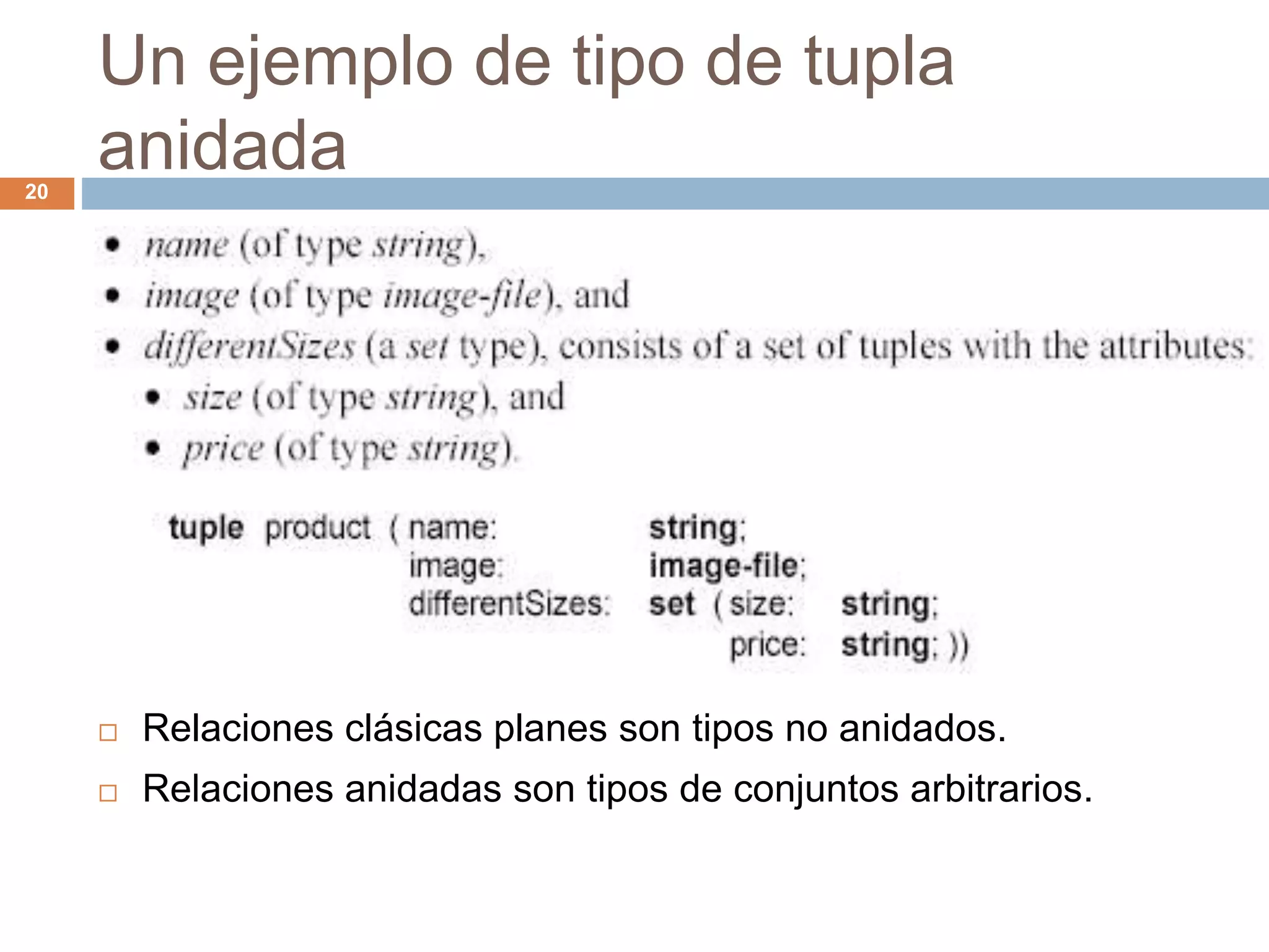 Un ejemplo de tipo de tupla
anidada20
 Relaciones clásicas planes son tipos no anidados.
 Relaciones anidadas son tipos de conjuntos arbitrarios.
 