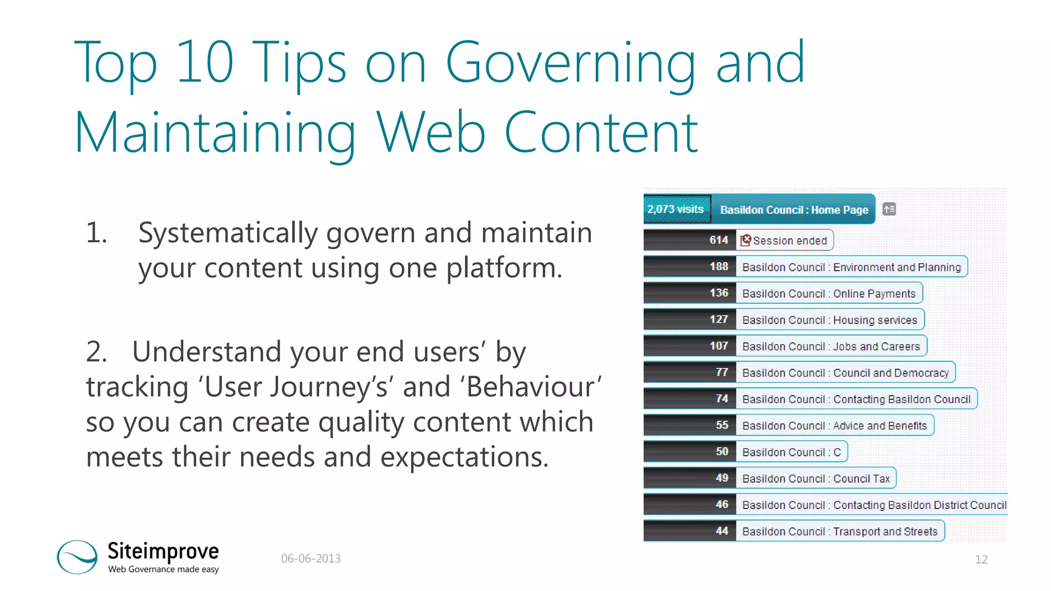 Top 10 Tips on Governing and
Maintaining Web Content
1.

Systematically govern and maintain
your content using one platform.

2. Understand your end users’ by
tracking ‘User Journey’s’ and ‘Behaviour’
so you can create quality content which
meets their needs and expectations.

06-06-2013

12

 