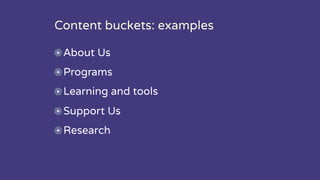 Content buckets: examples
About Us
Programs
Learning and tools
Support Us
Research
 