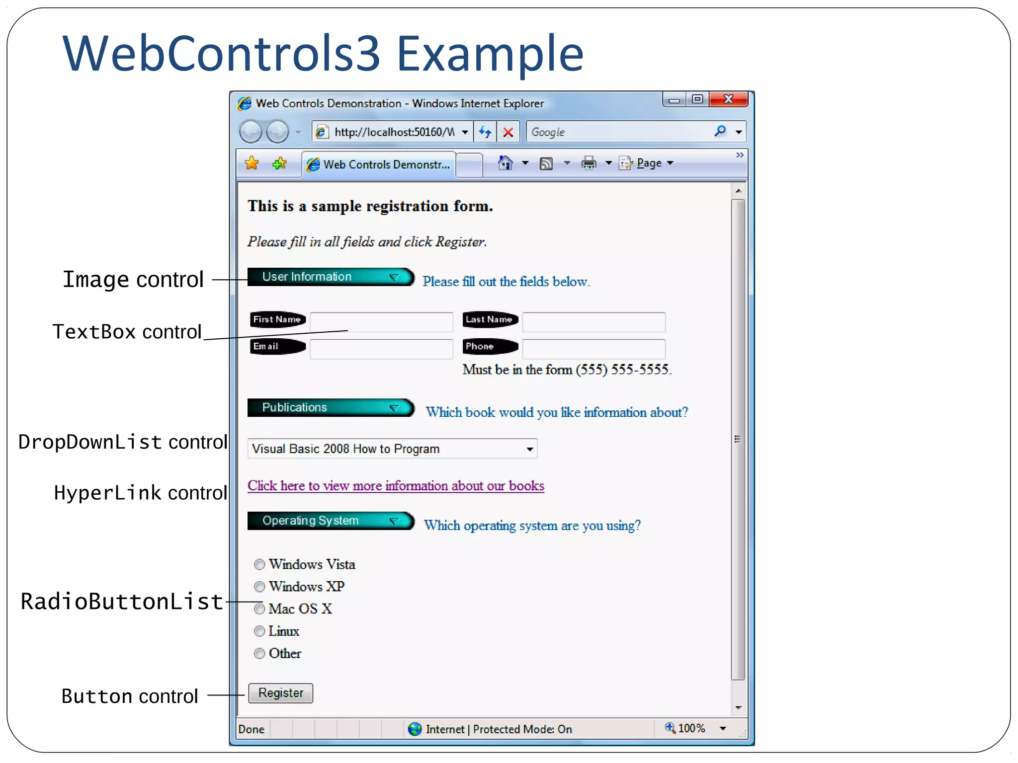 Image control
TextBox control
DropDownList control
HyperLink control
RadioButtonList
Button control
WebControls3 Example
 
