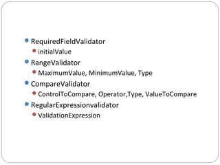 RequiredFieldValidator
initialValue
RangeValidator
MaximumValue, MinimumValue, Type
CompareValidator
ControlToCompare, Operator,Type, ValueToCompare
RegularExpressionvalidator
ValidationExpression
 
