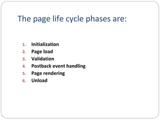 The page life cycle phases are:
1. Initialization
2. Page load
3. Validation
4. Postback event handling
5. Page rendering
6. Unload
 