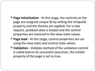 Page initialization - At this stage, the controls on the
page are assigned unique ID by setting the UniqueID
property and the themes are applied. For a new
request, postback data is loaded and the control
properties are restored to the view-state values.
Page load - At this stage, control properties are set
using the view state and control state values.
Validation - Validate method of the validation control
is called and on its successful execution, the IsValid
property of the page is set to true.
 