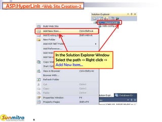 ASP:HyperLink -Web Site Creation-2
In the Solution Explorer Window
Select the path -> Right click ->
Add New Item…
5
 