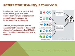 L E S C H A T B O T S F A Ç O N N E N T - I L S L E W E B D E D E M A I N E T , A U - D E L À ,
L E N U M É R I Q U E F A I T - I L D E N O U S D E S M U T A N T S ?
INTERPRÉTEUR SÉMANTIQUE ET/OU VOCAL
Le chatbot, dans une version 1 (à
court terme), peut être basé
uniquement sur une interprétation
sémantique des propos de
l’internaute / du socionaute
A terme, l’interprétation pourra
également être vocale et il convient
donc de s’y préparer… les GAFAM,
eux, l’ont bien compris avant tout le
monde !
Source : Frederic Cavazza - 04/2016
 