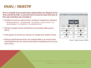 L E S C H A T B O T S F A Ç O N N E N T - I L S L E W E B D E D E M A I N E T , A U - D E L À ,
L E N U M É R I Q U E F A I T - I L D E N O U S D E S M U T A N T S ?
ENJEU / OBJECTIF
Pour le compte d’une quelconque organisation qui dispose d’une
forte activité de SAV, un premier bot à concevoir peut très bien et
très vite contribuer par exemple à :
 Fluidifier le parcours client et donc améliorer l’expérience utilisateur
 Bénéfices attendus : + de disponibilité, + de conseils, + au bon moment, + de
personnalisation, + de relationnel, + de satisfaction client
 Etendre la plage horaire d’interaction conversationnelle jusqu’à
24h/7j
 Faire gagner du temps aux acteurs en charge de la relation clients
 Réduire significativement les avis préjudiciables à la marque émis
potentiellement par les clients-socionautes insatisfaits par le service
(non) rendu
Source : Frederic Cavazza - 04/2016
 