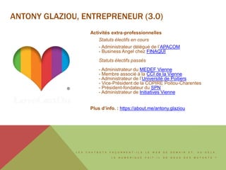 L E S C H A T B O T S F A Ç O N N E N T - I L S L E W E B D E D E M A I N E T , A U - D E L À ,
L E N U M É R I Q U E F A I T - I L D E N O U S D E S M U T A N T S ?
ANTONY GLAZIOU, ENTREPRENEUR (3.0)
Activités extra-professionnelles
Statuts électifs en cours
- Administrateur délégué de l’APACOM
- Business Angel chez FINAQUI
Statuts électifs passés
- Administrateur du MEDEF Vienne
- Membre associé à la CCI de la Vienne
- Administrateur de l’Université de Poitiers
- Vice-Président de la COPIRE Poitou-Charentes
- Président-fondateur du SPN
- Administrateur de Initiatives Vienne
Plus d’info. : https://about.me/antony.glaziou
 