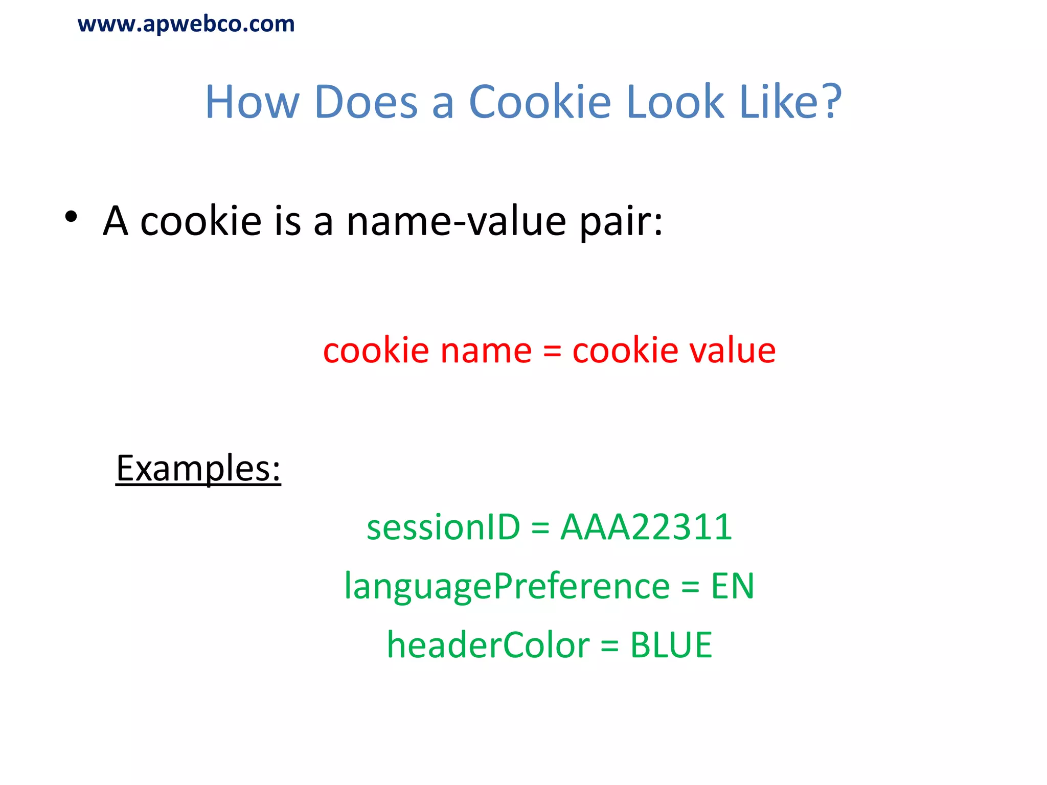How Does a Cookie Look Like? A cookie is a name-value pair: cookie name = cookie value Examples: sessionID = AAA22311 languagePreference = EN headerColor = BLUE www.apwebco.com 