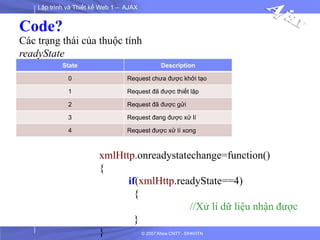 Lập trình và Thiết kế Web 1 – AJAX
© 2007 Khoa CNTT - ĐHKHTN
State Description
0 Request chưa được khởi tạo
1 Request đã được thiết lập
2 Request đã được gửi
3 Request đang được xử lí
4 Request được xử lí xong
Các trạng thái của thuộc tính
readyState
xmlHttp.onreadystatechange=function()
{
if(xmlHttp.readyState==4)
{
//Xử lí dữ liệu nhận được
}
}
Code?
 