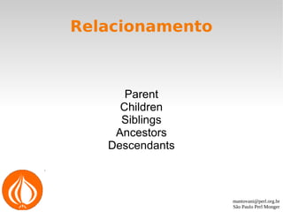 mantovani@perl.org.br
São Paulo Perl Monger
Relacionamento
Parent
Children
Siblings
Ancestors
Descendants
 