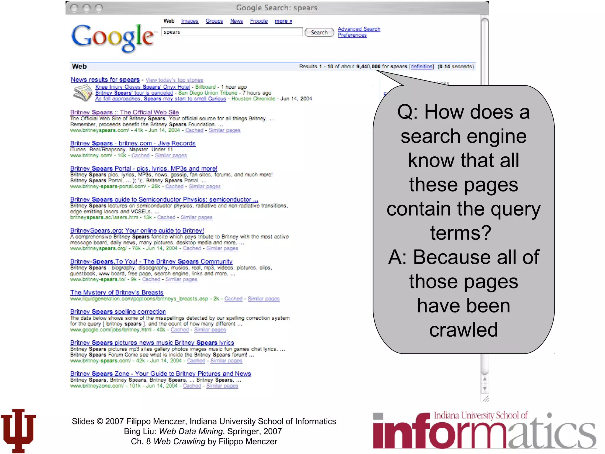 Slides © 2007 Filippo Menczer, Indiana University School of Informatics
Bing Liu: Web Data Mining. Springer, 2007
Ch. 8 Web Crawling by Filippo Menczer
Q: How does a
search engine
know that all
these pages
contain the query
terms?
A: Because all of
those pages
have been
crawled
 
