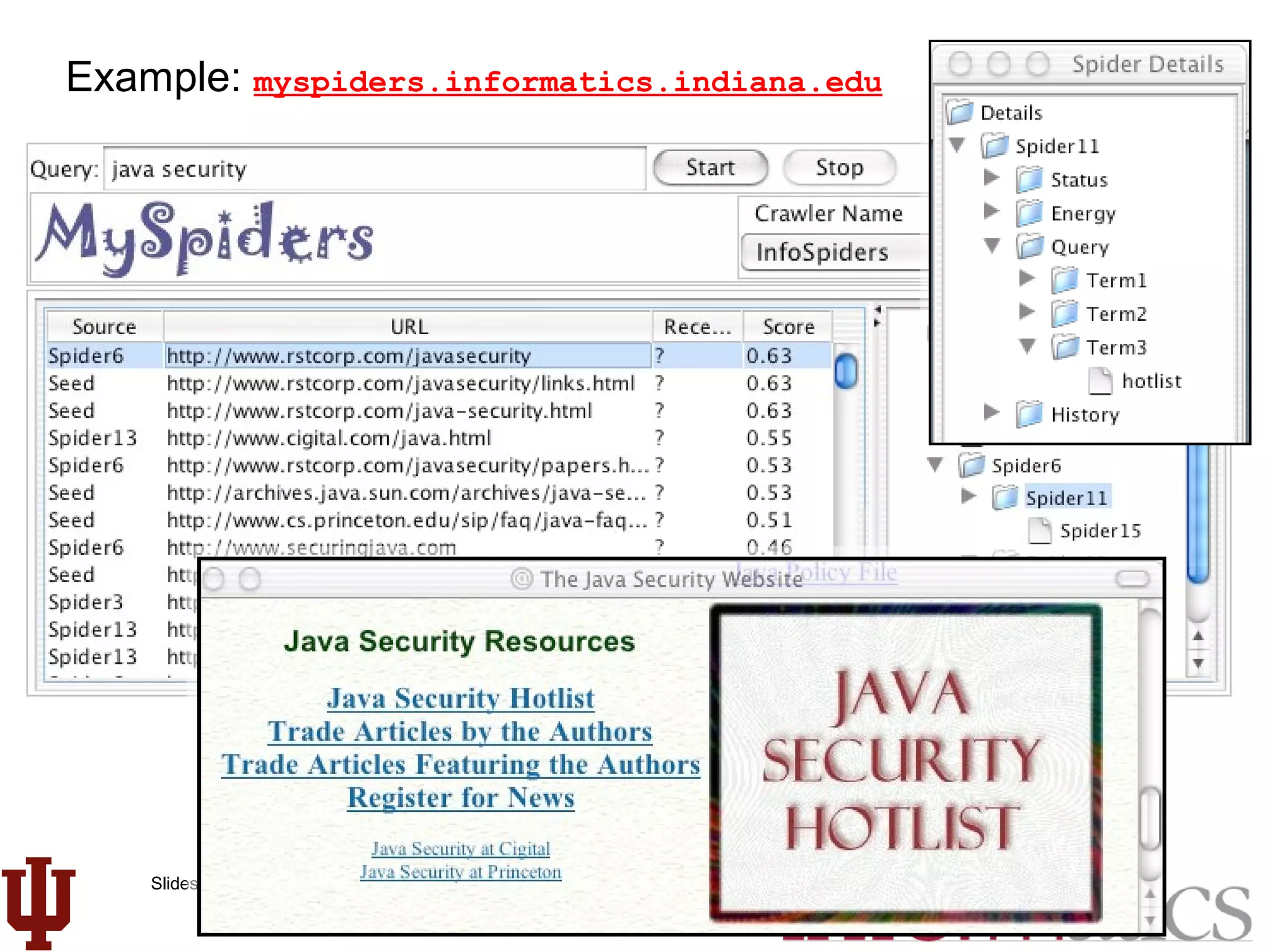 Slides © 2007 Filippo Menczer, Indiana University School of Informatics
Bing Liu: Web Data Mining. Springer, 2007
Ch. 8 Web Crawling by Filippo Menczer
Example: myspiders.informatics.indiana.edu
 