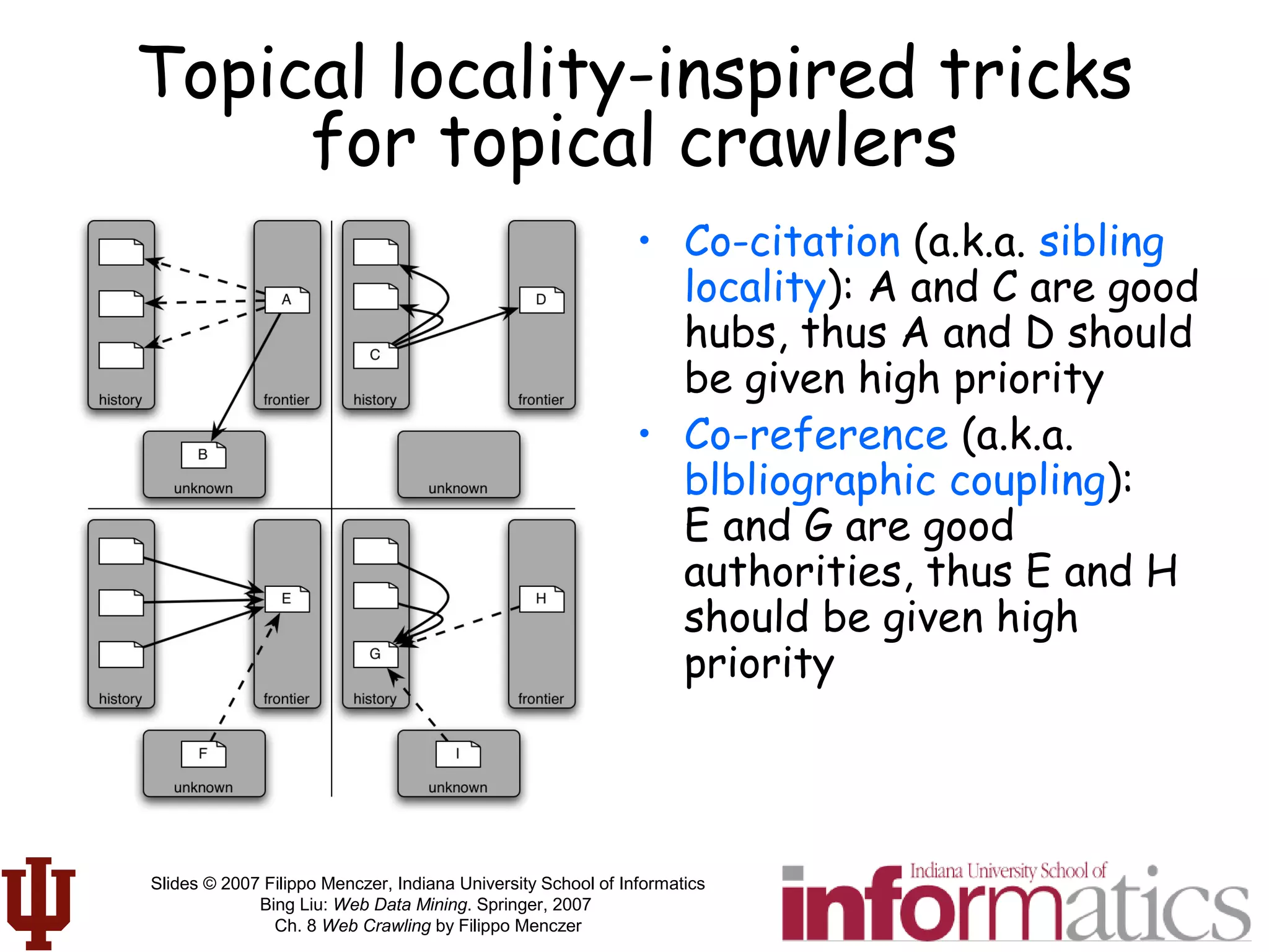 Slides © 2007 Filippo Menczer, Indiana University School of Informatics
Bing Liu: Web Data Mining. Springer, 2007
Ch. 8 Web Crawling by Filippo Menczer
Topical locality-inspired tricks
for topical crawlers
• Co-citation (a.k.a. sibling
locality): A and C are good
hubs, thus A and D should
be given high priority
• Co-reference (a.k.a.
blbliographic coupling):
E and G are good
authorities, thus E and H
should be given high
priority
 