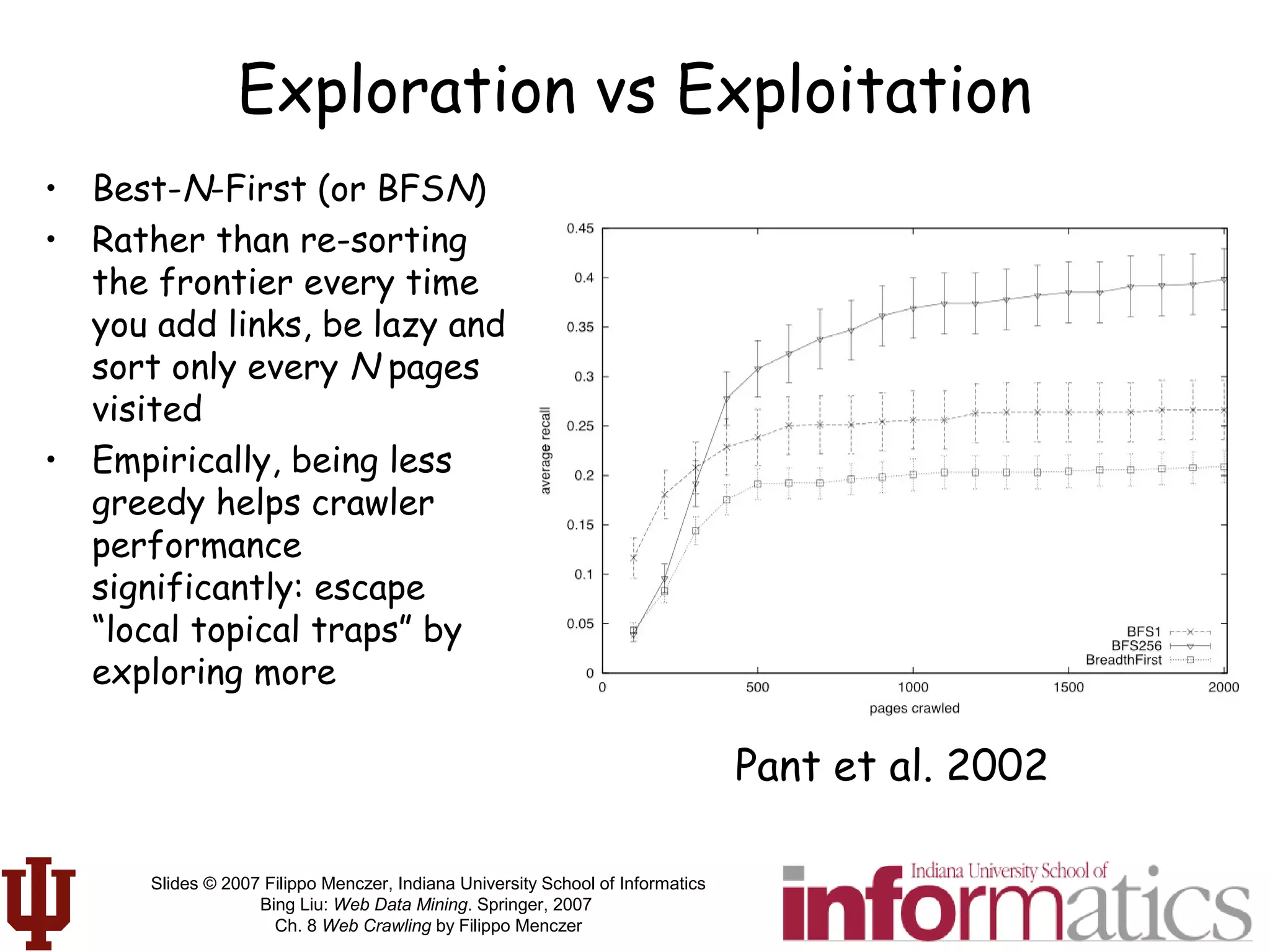 Slides © 2007 Filippo Menczer, Indiana University School of Informatics
Bing Liu: Web Data Mining. Springer, 2007
Ch. 8 Web Crawling by Filippo Menczer
Exploration vs Exploitation
• Best-N-First (or BFSN)
• Rather than re-sorting
the frontier every time
you add links, be lazy and
sort only every N pages
visited
• Empirically, being less
greedy helps crawler
performance
significantly: escape
“local topical traps” by
exploring more
Pant et al. 2002
 