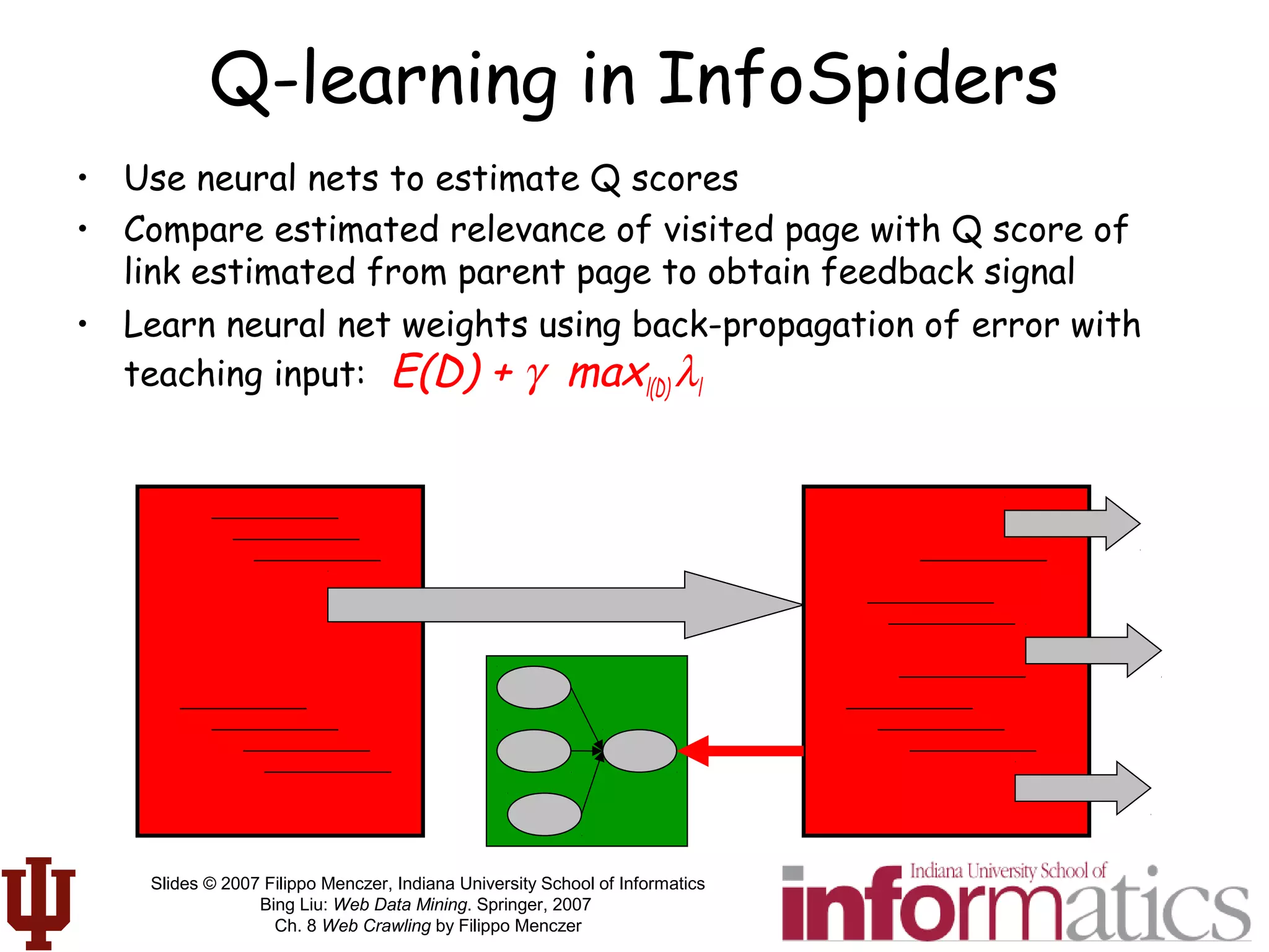 Slides © 2007 Filippo Menczer, Indiana University School of Informatics
Bing Liu: Web Data Mining. Springer, 2007
Ch. 8 Web Crawling by Filippo Menczer
Q-learning in InfoSpiders
• Use neural nets to estimate Q scores
• Compare estimated relevance of visited page with Q score of
link estimated from parent page to obtain feedback signal
• Learn neural net weights using back-propagation of error with
teaching input: E(D) + γ maxl(D) λl
 