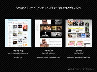 CMSテンプレート（カスタマイズ含む）を使ったメディアの例
TABI LABO 
http://tabi-labo.com/
WordPress Twenty Fourteen 子テーマ
サイボウズ式 
http://cybozushiki.cybozu.co.jp/
Movable Type
gori.me 
http://gori.me/
  WordPress zeeSynergy カスタマイズ
 