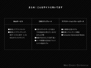 まとめ：こんなサイトに向いてます
Webサービス
●集客してアフィリエイト
●集客してブランディング、
 他サービスに流す（いわ
 ゆるオウンドメディア）
●広告モデルやサービス拡大
 での収益化を考えているけど
 立ち上げ期
●集客するだけして EXIT 狙い
●小∼中規模の広告＆アフィリ
 エイト収益モデル
●大規模の広告モデル
●集客してコンテンツ課金
●Consumer Generated Media
CMS テンプレート アプリケーションフレームワーク
 