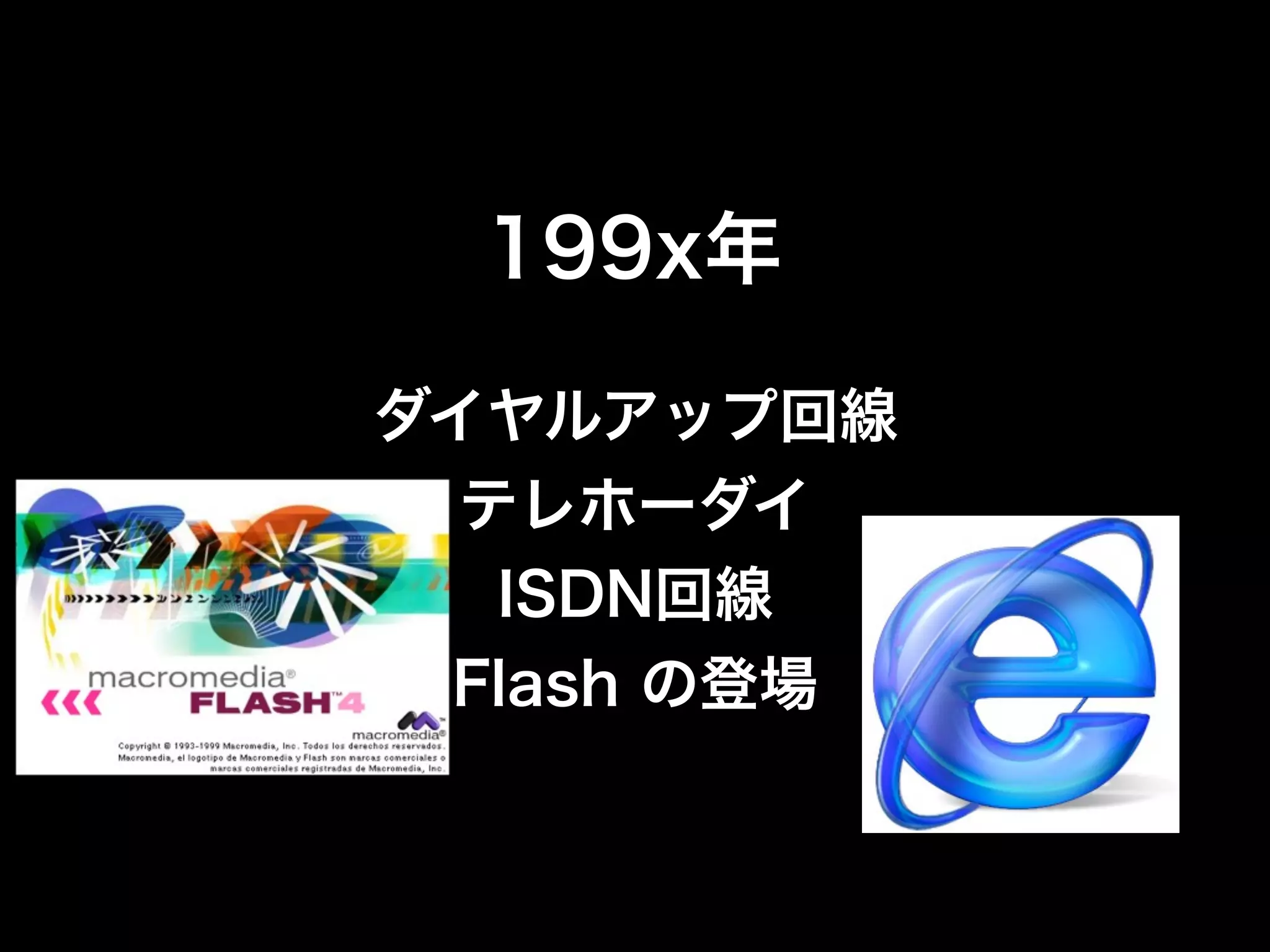 199x年

ダイヤルアップ回線
  テレホーダイ
   ISDN回線
 Flash の登場
 