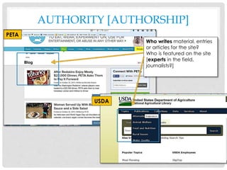 AUTHORITY [AUTHORSHIP]
Who writes material, entries
or articles for the site?
Who is featured on the site
[experts in the field,
journalists?]
PETA
USDA
 