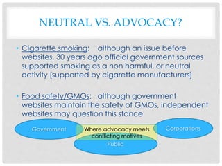 NEUTRAL VS. ADVOCACY?
• Cigarette smoking: although an issue before
websites, 30 years ago official government sources
supported smoking as a non harmful, or neutral
activity [supported by cigarette manufacturers]
• Food safety/GMOs: although government
websites maintain the safety of GMOs, independent
websites may question this stance
CorporationsGovernment
Public
Where advocacy meets
conflicting motives
 