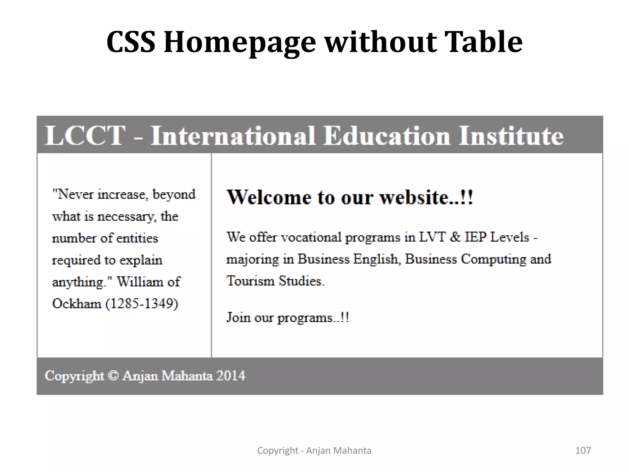 CSS Homepage without Table Copyright - Anjan Mahanta 107 