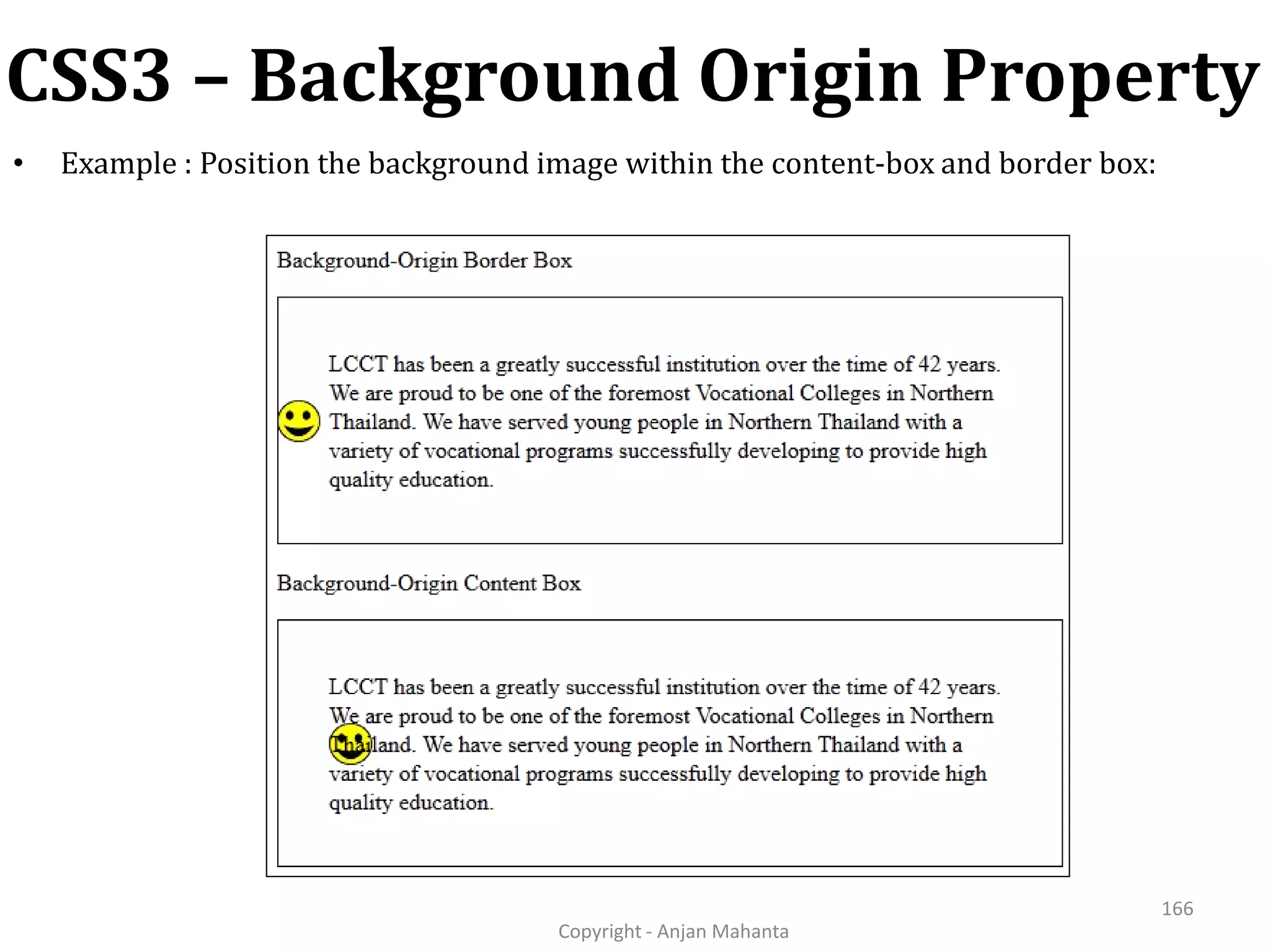 CSS3 – Background Origin Property Copyright - Anjan Mahanta 166 • Example : Position the background image within the content-box and border box: 