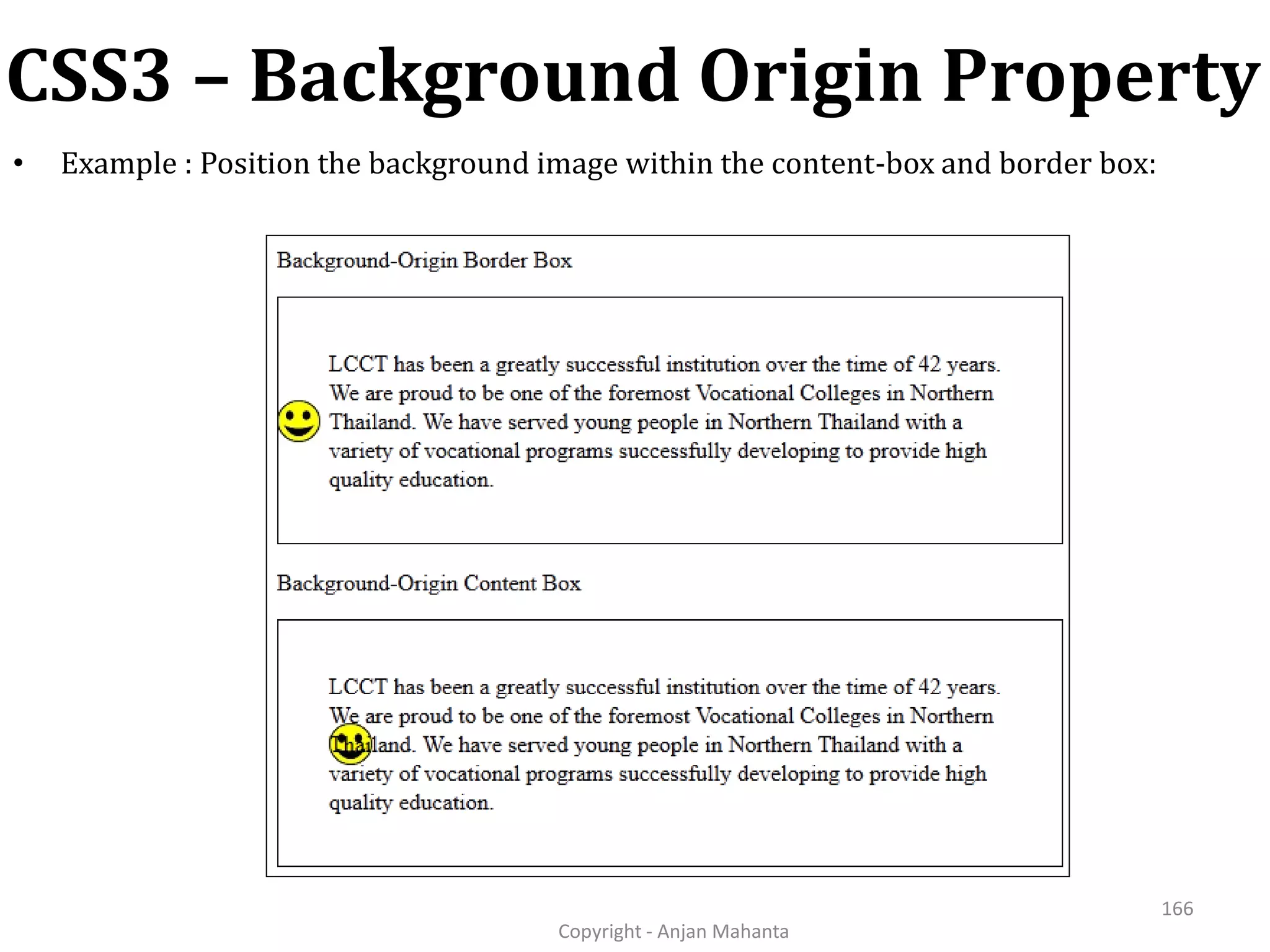 CSS3 – Background Origin Property Copyright - Anjan Mahanta 166 • Example : Position the background image within the content-box and border box: 