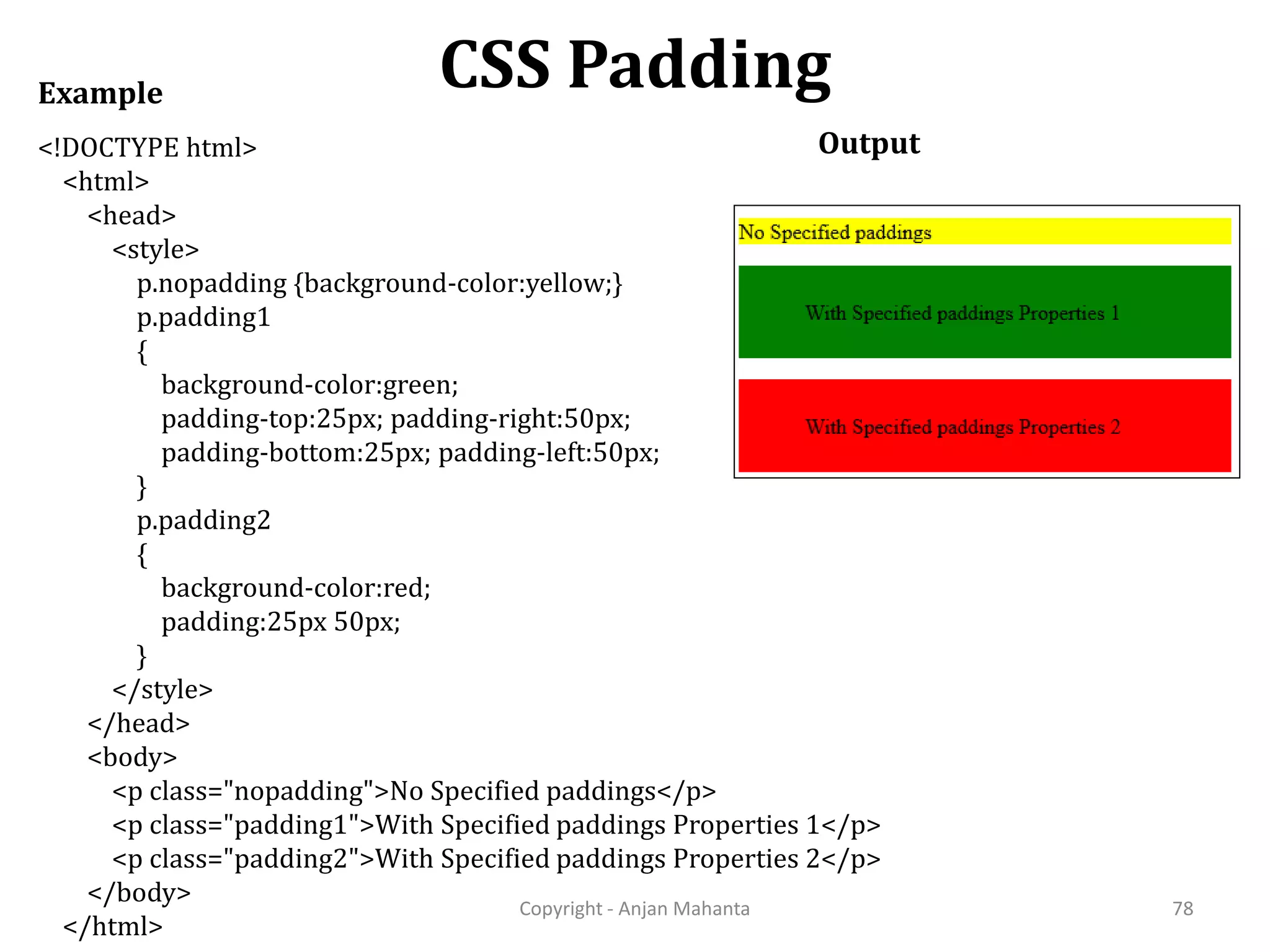 CSS Padding Copyright - Anjan Mahanta 78 <!DOCTYPE html> <html> <head> <style> p.nopadding {background-color:yellow;} p.padding1 { background-color:green; padding-top:25px; padding-right:50px; padding-bottom:25px; padding-left:50px; } p.padding2 { background-color:red; padding:25px 50px; } </style> </head> <body> <p class="nopadding">No Specified paddings</p> <p class="padding1">With Specified paddings Properties 1</p> <p class="padding2">With Specified paddings Properties 2</p> </body> </html> Example Output 