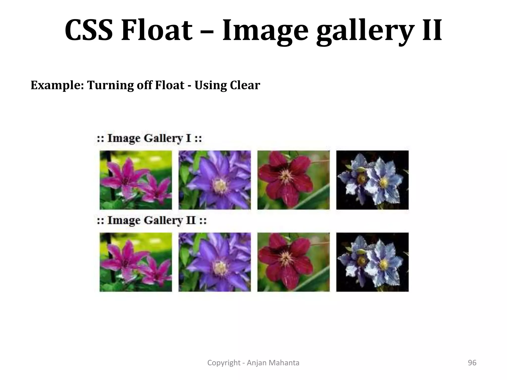 CSS Float – Image gallery II Copyright - Anjan Mahanta 96 Example: Turning off Float - Using Clear 
