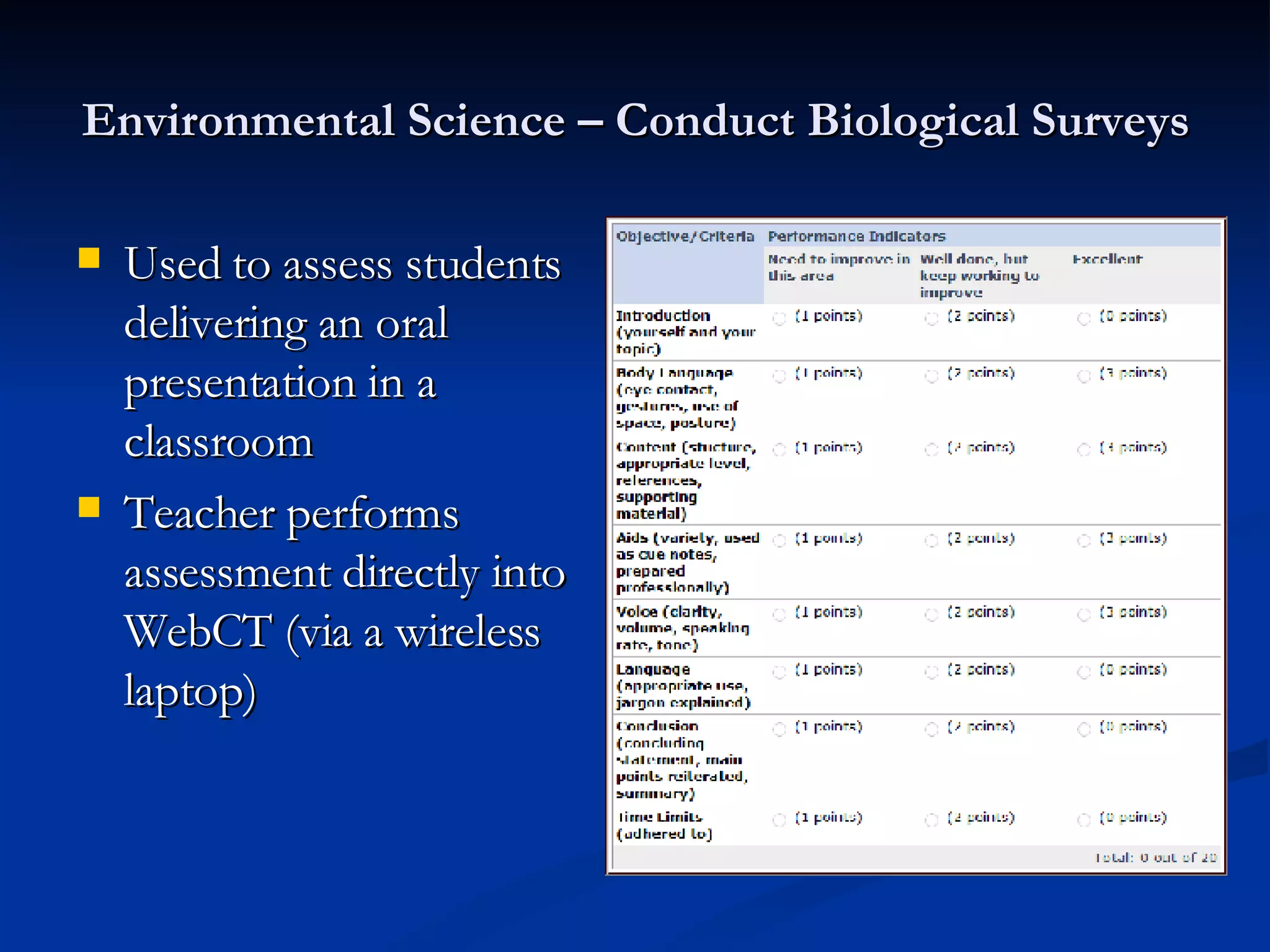 Environmental Science – Conduct Biological Surveys Used to assess students delivering an oral presentation in a classroom Teacher performs assessment directly into WebCT (via a wireless laptop) 