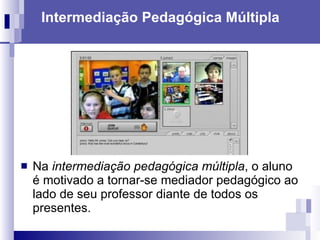 Intermediação Pedagógica Múltipla Na  intermediação pedagógica múltipla , o aluno é motivado a tornar-se mediador pedagógico ao lado de seu professor diante de todos os presentes.  