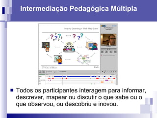 Intermediação Pedagógica Múltipla Todos os participantes interagem para informar, descrever, mapear ou discutir o que sabe ou o que observou, ou descobriu e inovou.  