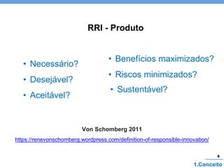 8
• Benefícios maximizados?
• Riscos minimizados?
• Necessário?
• Desejável?
• Aceitável?
Von Schomberg 2011
https://renevonschomberg.wordpress.com/definition-of-responsible-innovation/
• Sustentável?
RRI - Produto
1.Conceito
8
 