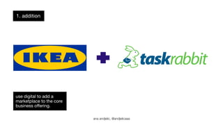 1. addition 
use digital to add a 
marketplace to the core 
business offering. 
ana andjelic, @andjelicaaa 
 